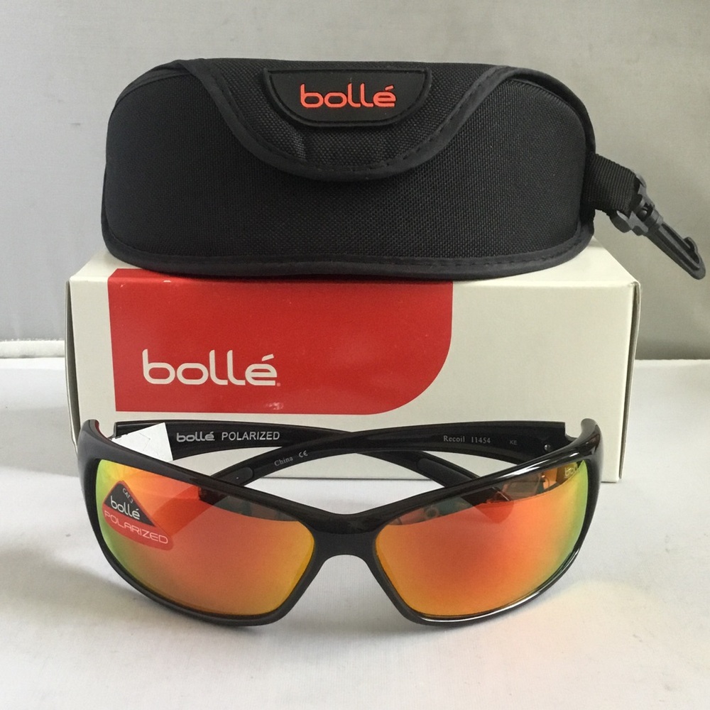 bolle Black Sunglasses with Red-Orange Mirrored Lenses